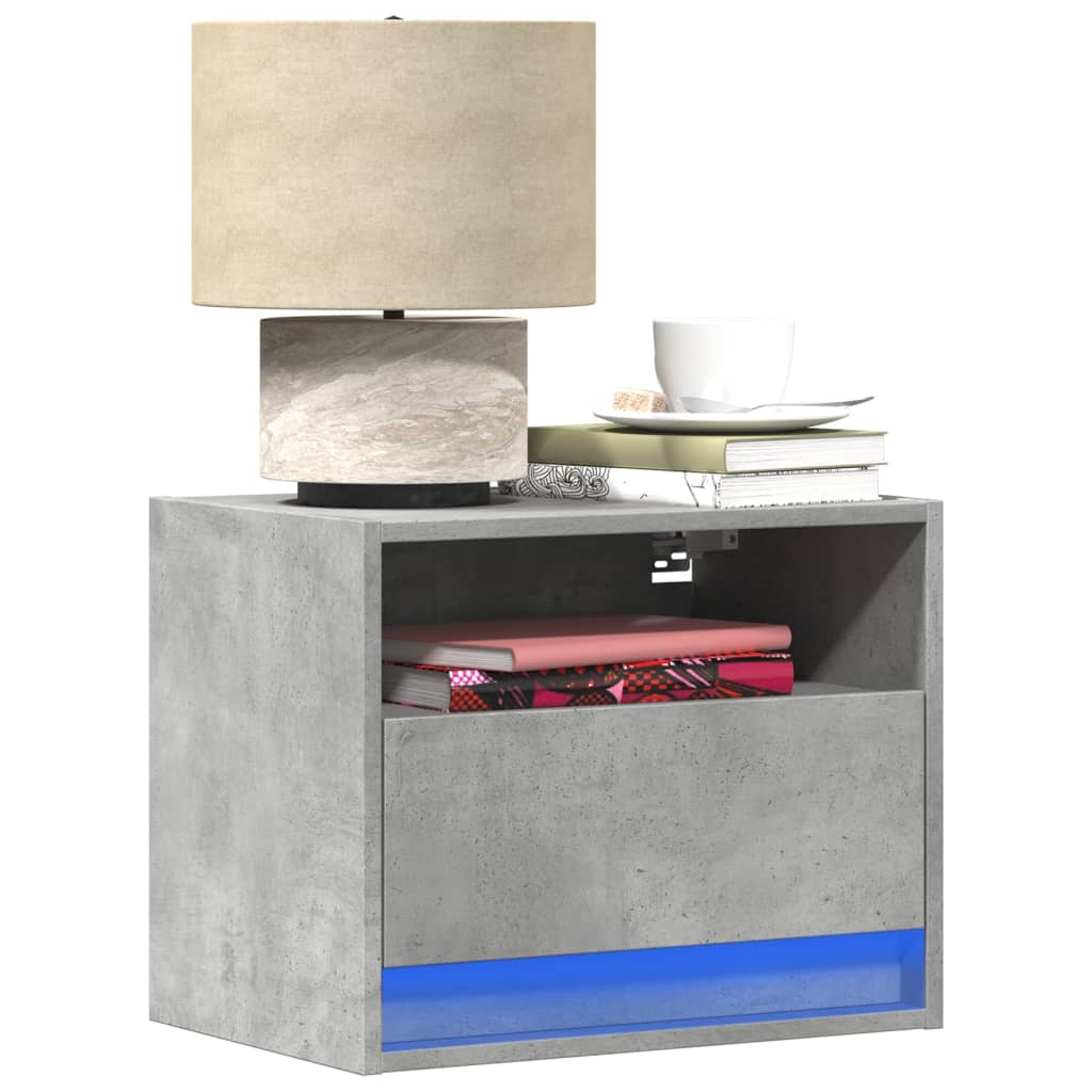 Wall-mounted Bedside Cabinet with LED Lights Concrete Grey