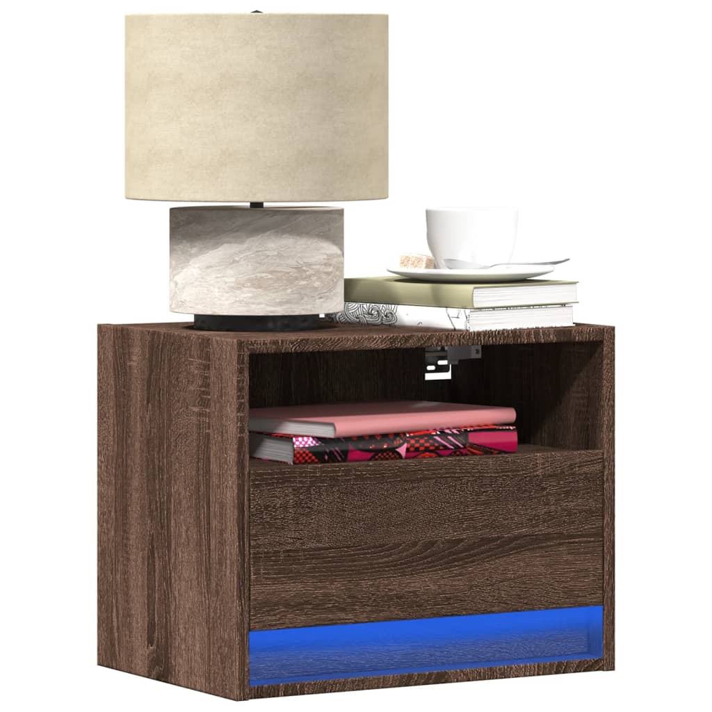 Wall-mounted Bedside Cabinet with LED Lights Brown Oak