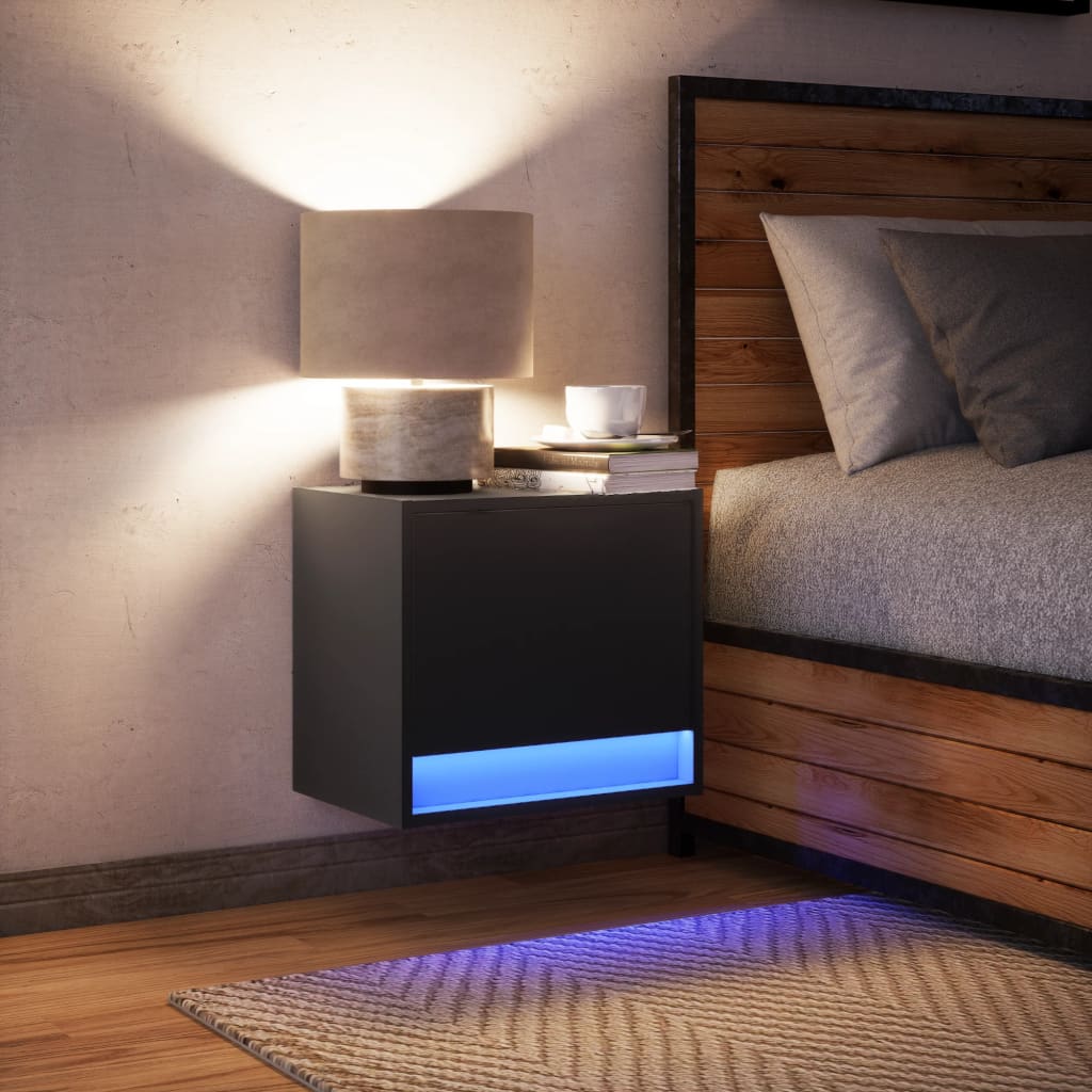 Wall-mounted Bedside Cabinet with LED Lights Black