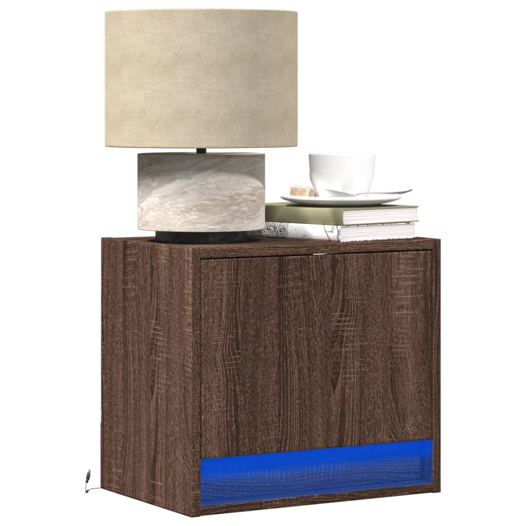 Wall-mounted Bedside Cabinet with LED Lights Brown Oak