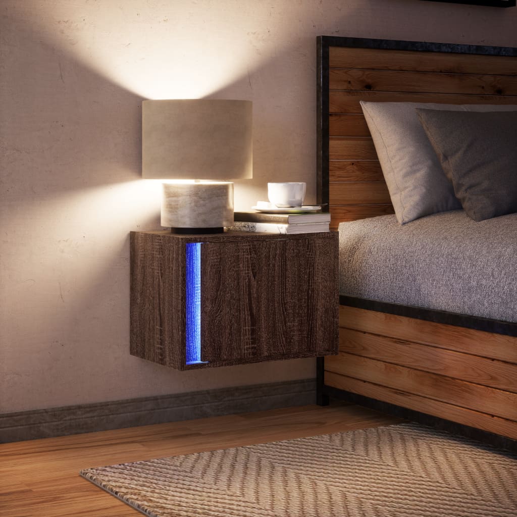 Wall-mounted Bedside Cabinet with LED Lights Brown Oak