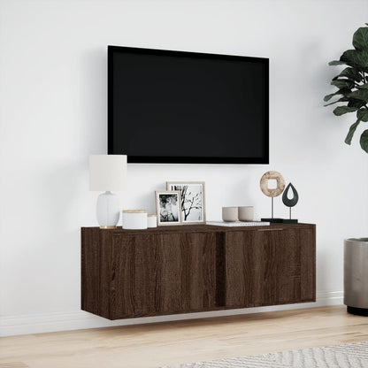 TV Wall Cabinet with LED Lights Brown Oak 100x31x35 cm