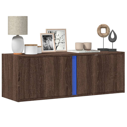 TV Wall Cabinet with LED Lights Brown Oak 100x31x35 cm