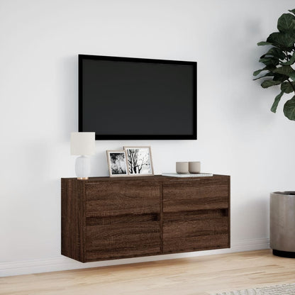 TV Wall Cabinet with LED Lights Brown Oak 100x31x45 cm