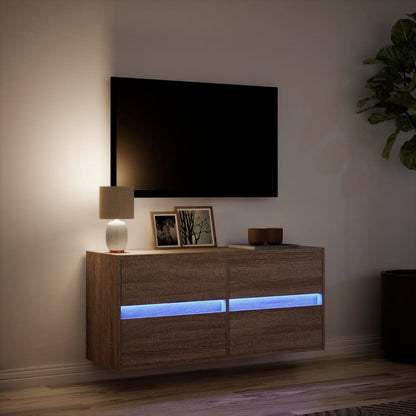 TV Wall Cabinet with LED Lights Brown Oak 100x31x45 cm