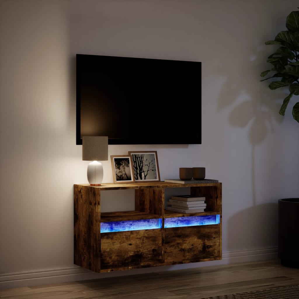 TV Wall Cabinet with LED Lights Smoked Oak 80x31x45 cm