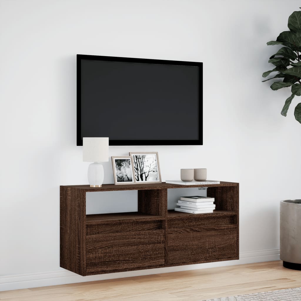 TV Wall Cabinet with LED Lights Brown Oak 100x31x45 cm