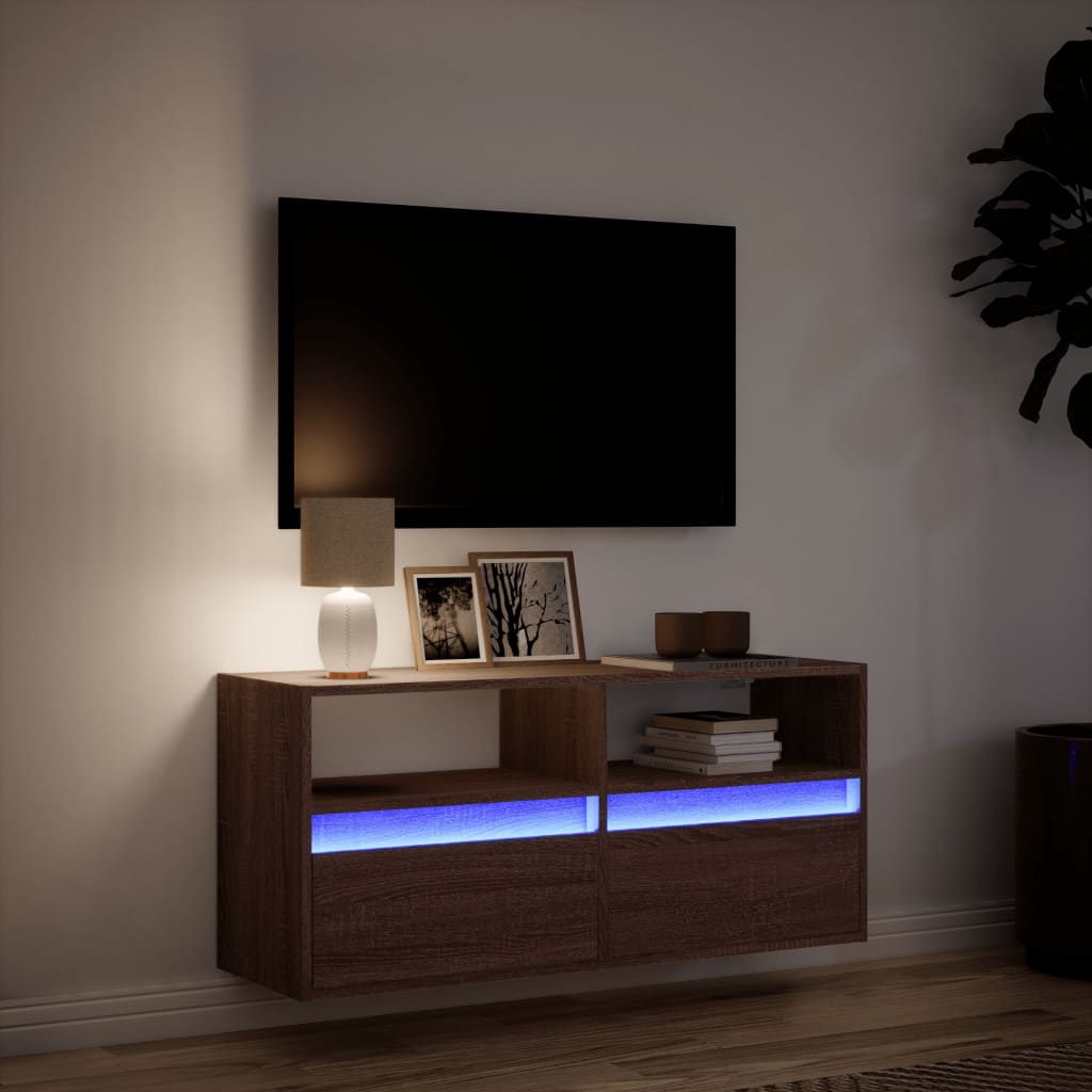 TV Wall Cabinet with LED Lights Brown Oak 100x31x45 cm