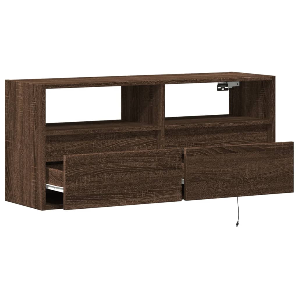 TV Wall Cabinet with LED Lights Brown Oak 100x31x45 cm