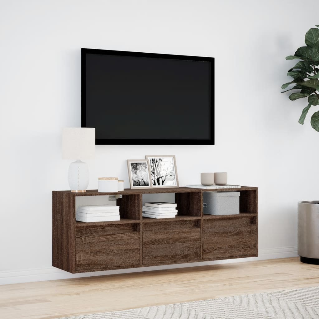 TV Wall Cabinet with LED Lights Brown Oak 130x31x45 cm