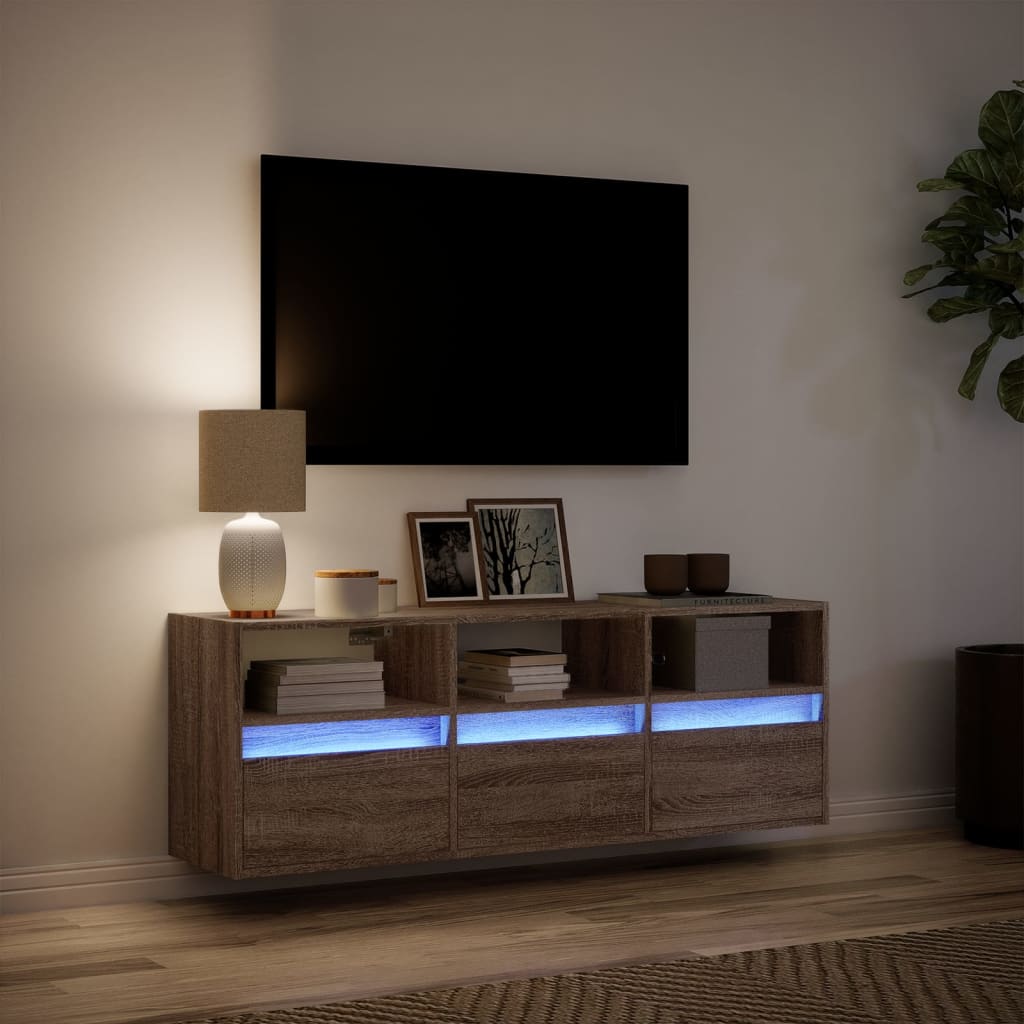 TV Wall Cabinet with LED Lights Brown Oak 130x31x45 cm