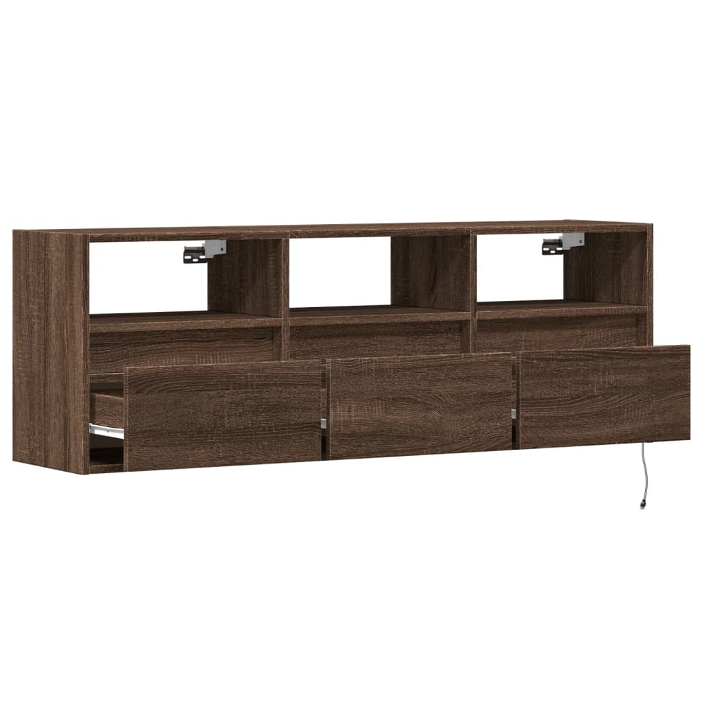 TV Wall Cabinet with LED Lights Brown Oak 130x31x45 cm