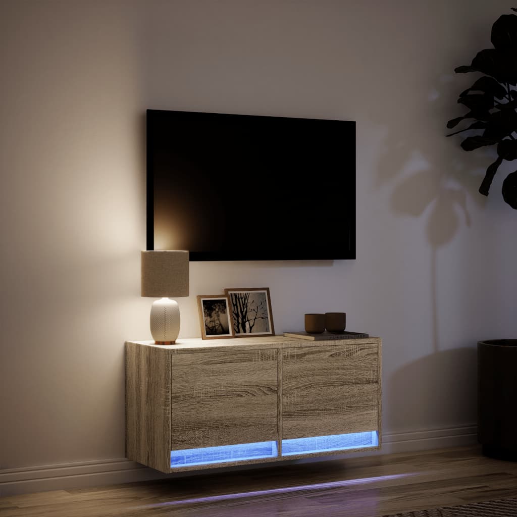 TV Wall Cabinet with LED Lights Sonoma Oak 80x31x35 cm