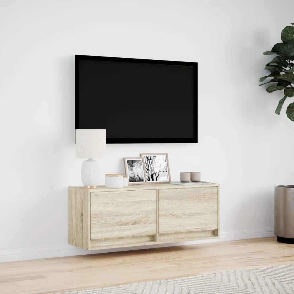 TV Wall Cabinet with LED Lights Sonoma Oak 100x31x35 cm