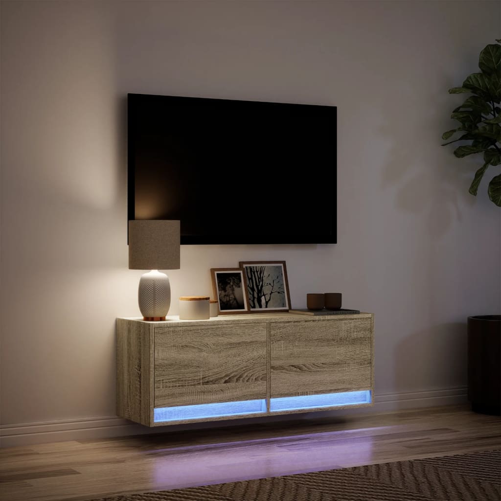 TV Wall Cabinet with LED Lights Sonoma Oak 100x31x35 cm