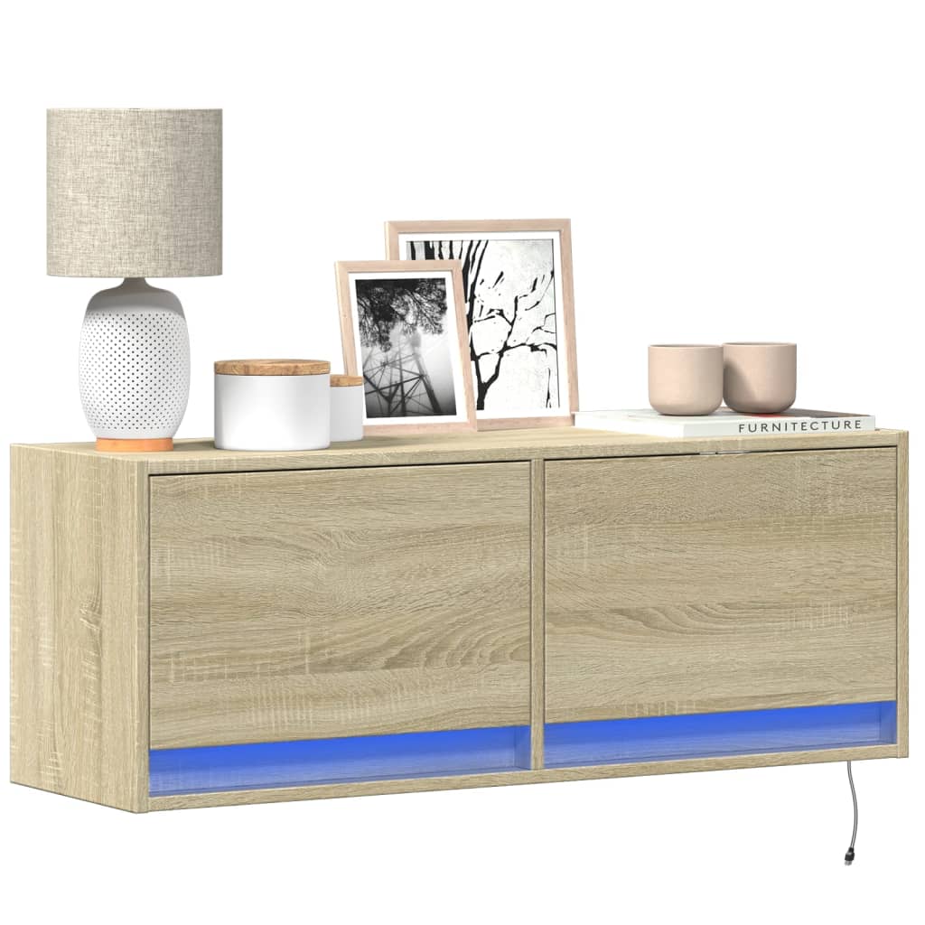 TV Wall Cabinet with LED Lights Sonoma Oak 100x31x35 cm