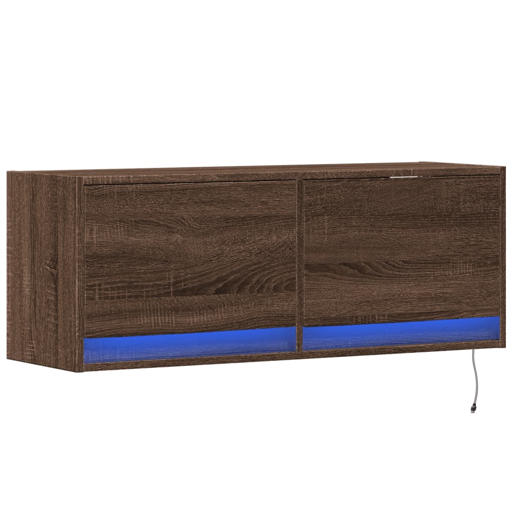 TV Wall Cabinet with LED Lights Brown Oak 100x31x35 cm