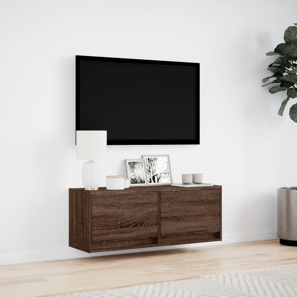 TV Wall Cabinet with LED Lights Brown Oak 100x31x35 cm