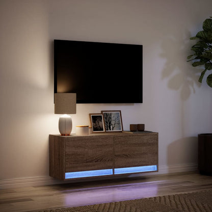 TV Wall Cabinet with LED Lights Brown Oak 100x31x35 cm