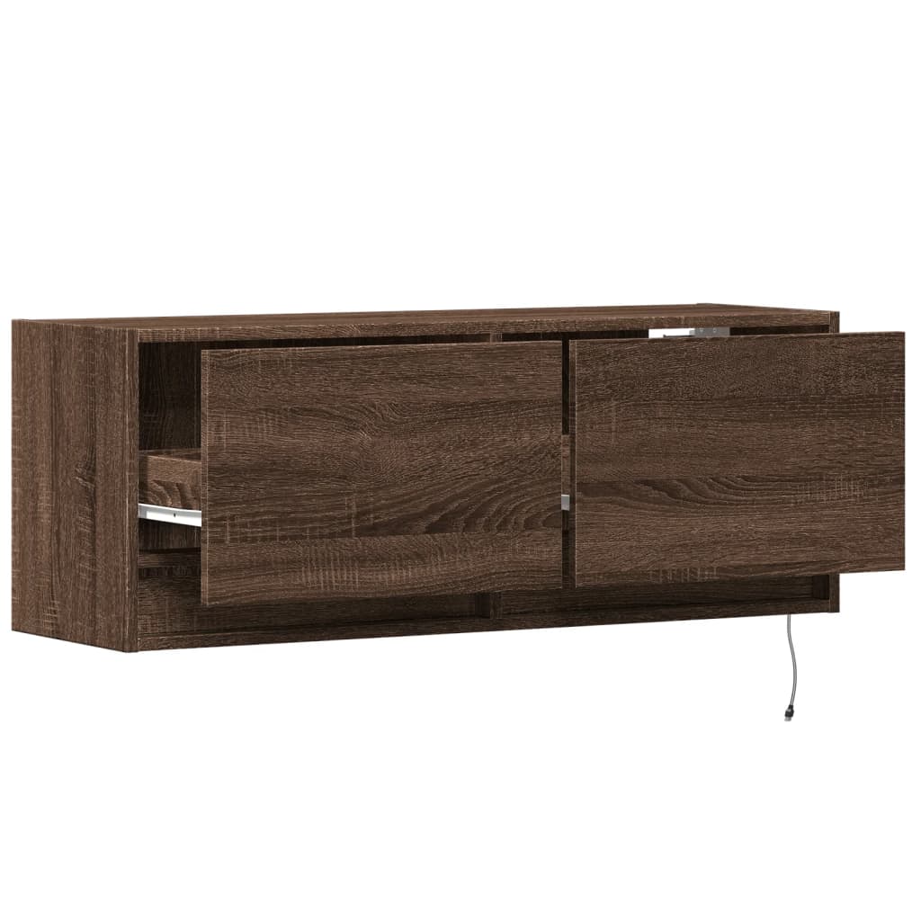 TV Wall Cabinet with LED Lights Brown Oak 100x31x35 cm