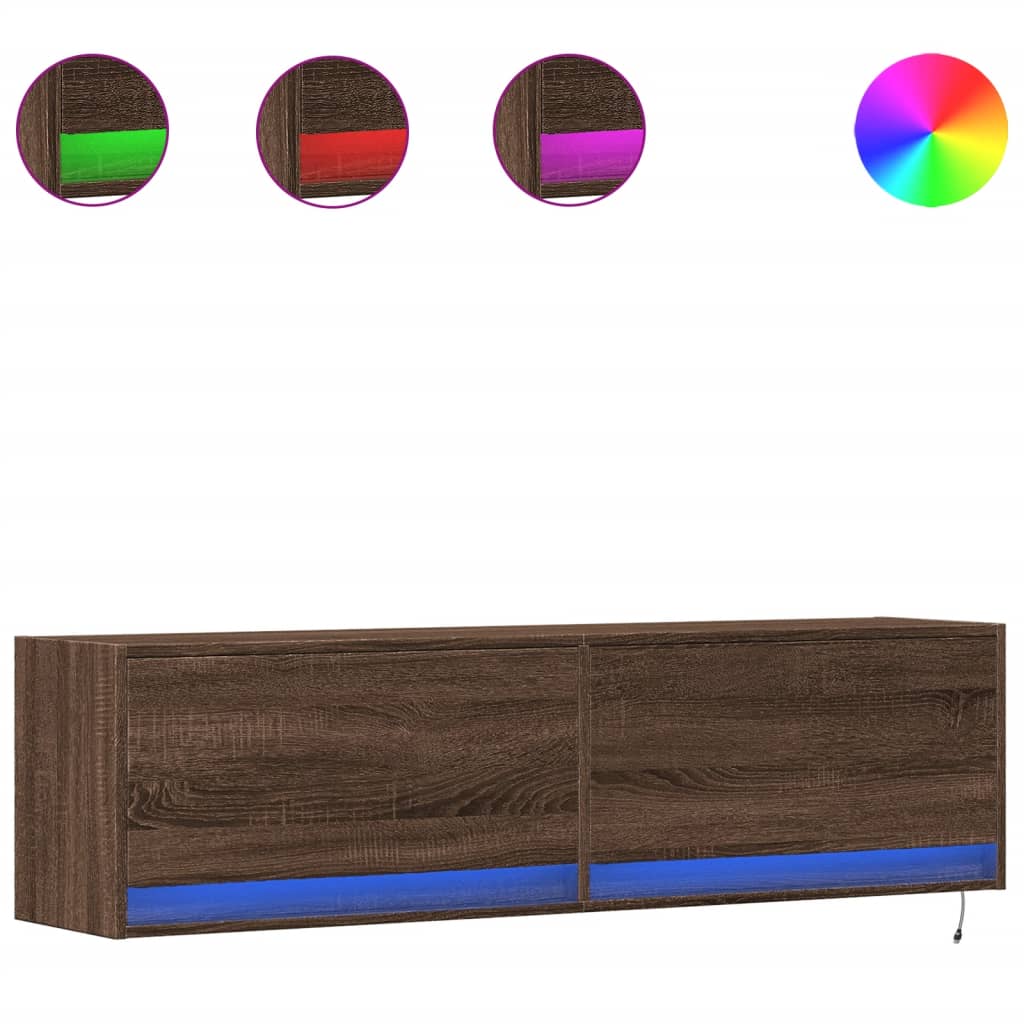 TV Wall Cabinet with LED Lights Brown Oak 140x31x38 cm