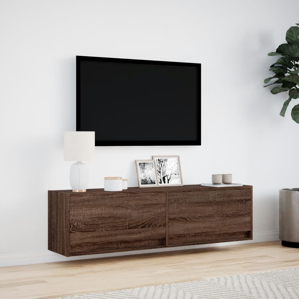 TV Wall Cabinet with LED Lights Brown Oak 140x31x38 cm