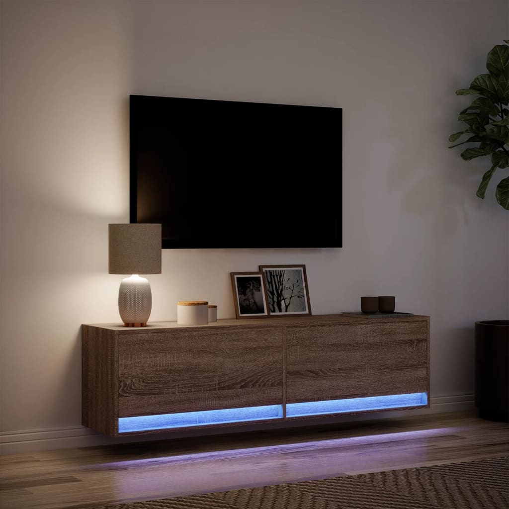 TV Wall Cabinet with LED Lights Brown Oak 140x31x38 cm