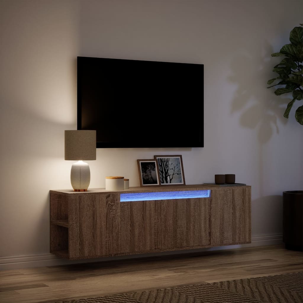 TV Wall Cabinet with LED Lights Brown Oak 135x31x39.5 cm