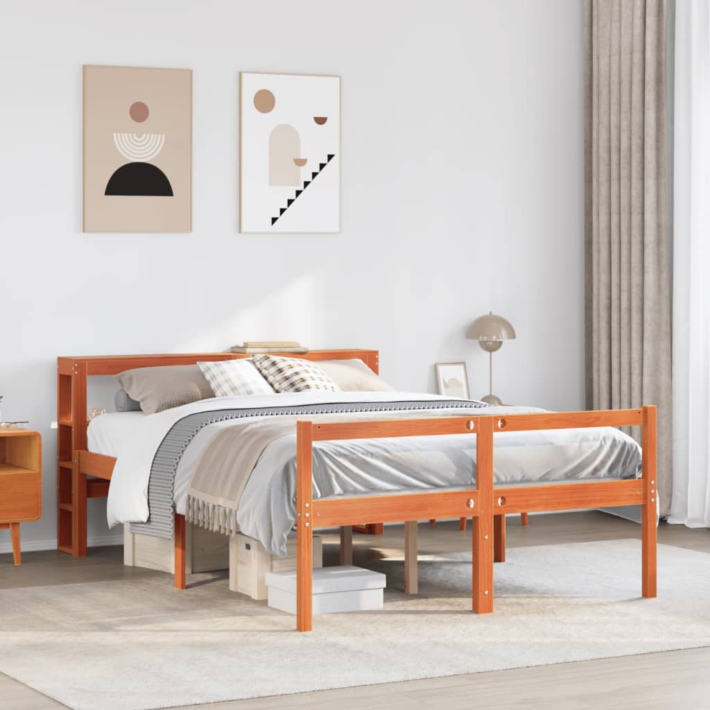 Bed Frame with Headboard Wax Brown 150x200 cm King Size Solid Wood Pine