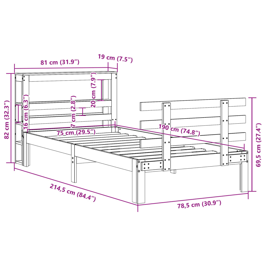 Bed Frame with Headboard without Mattress Wax Brown 75x190 cm Small Single