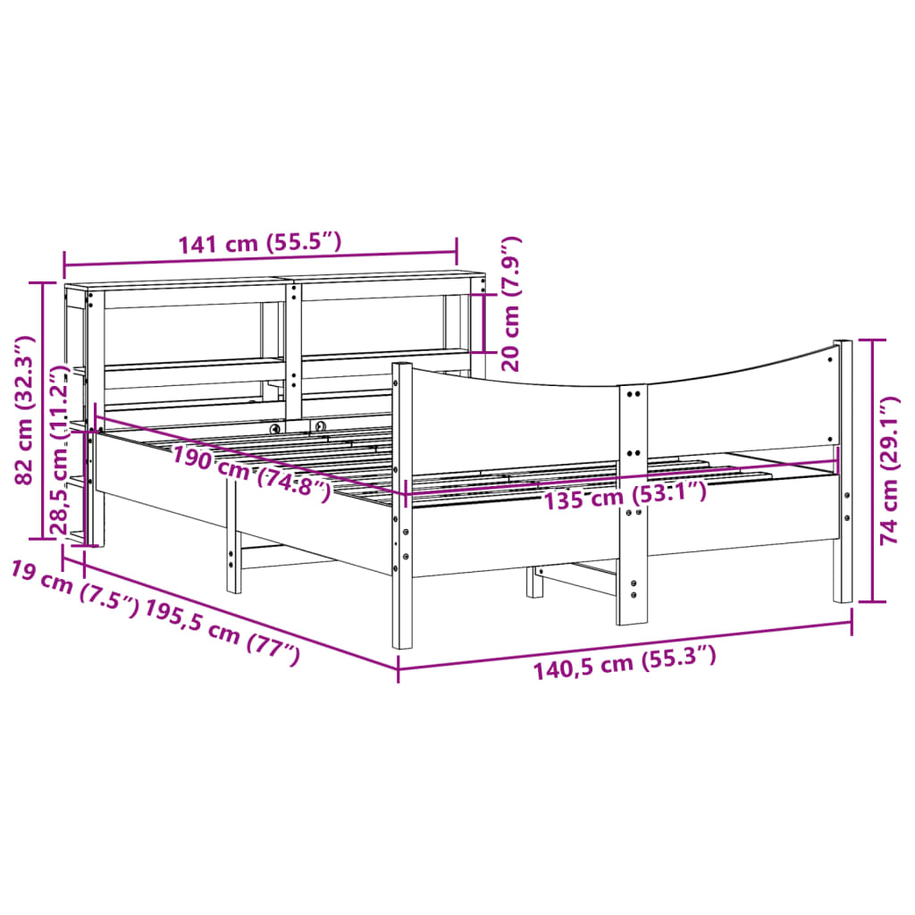 Bed Frame with Headboard 135x190 cm Double Solid Wood Pine