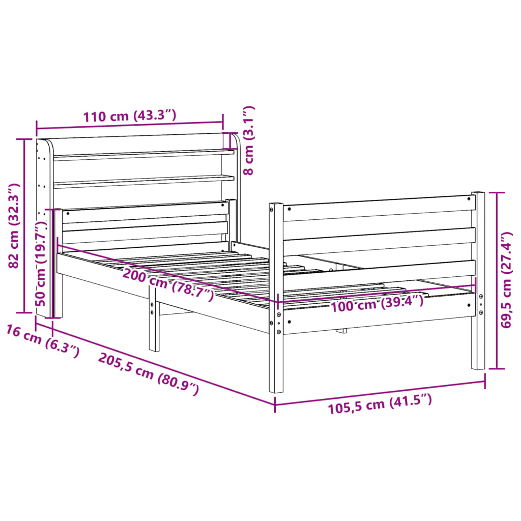 Bed Frame with Headboard without Mattress 100x200 cm