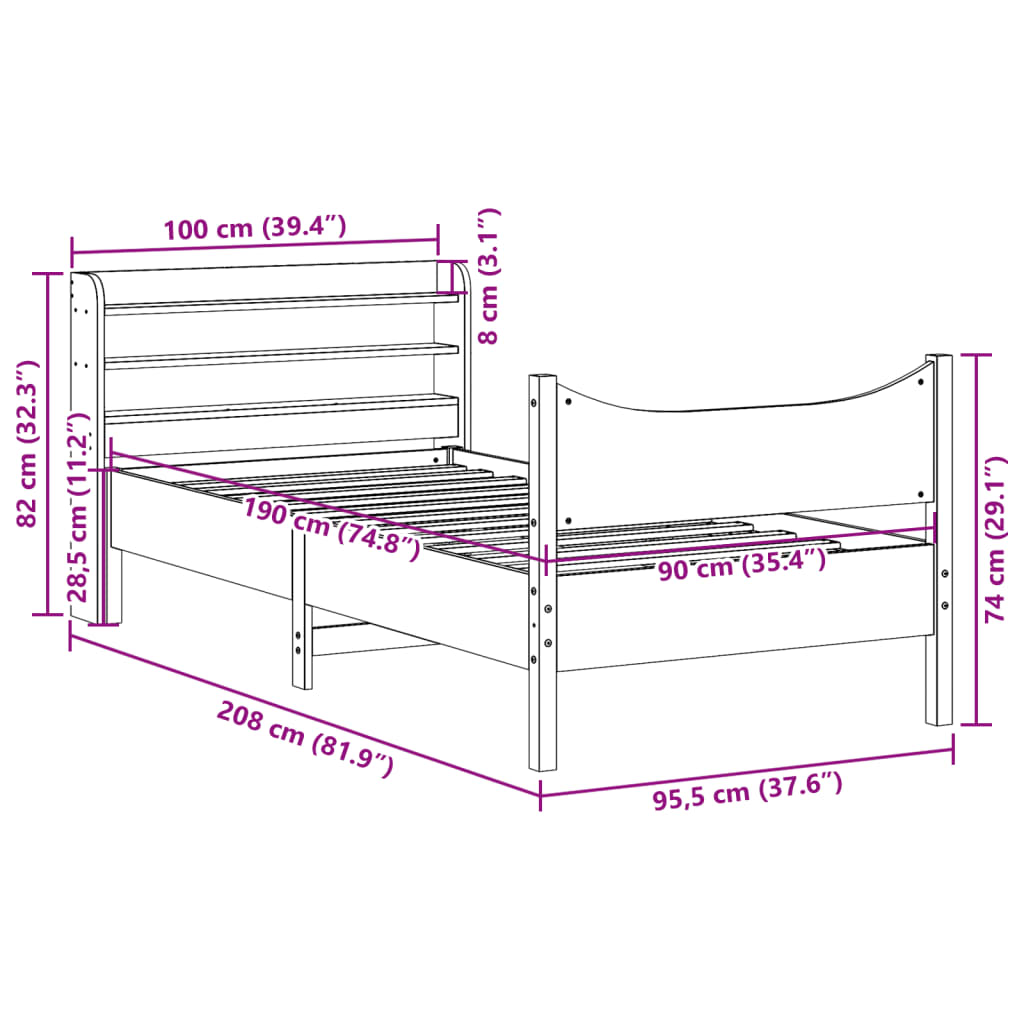 Bed Frame with Headboard Wax Brown 90x190 cm Single Solid Wood Pine