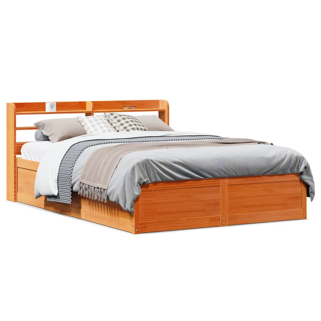 Bed Frame with Headboard Wax Brown 150x200 cm King Size Solid Wood Pine