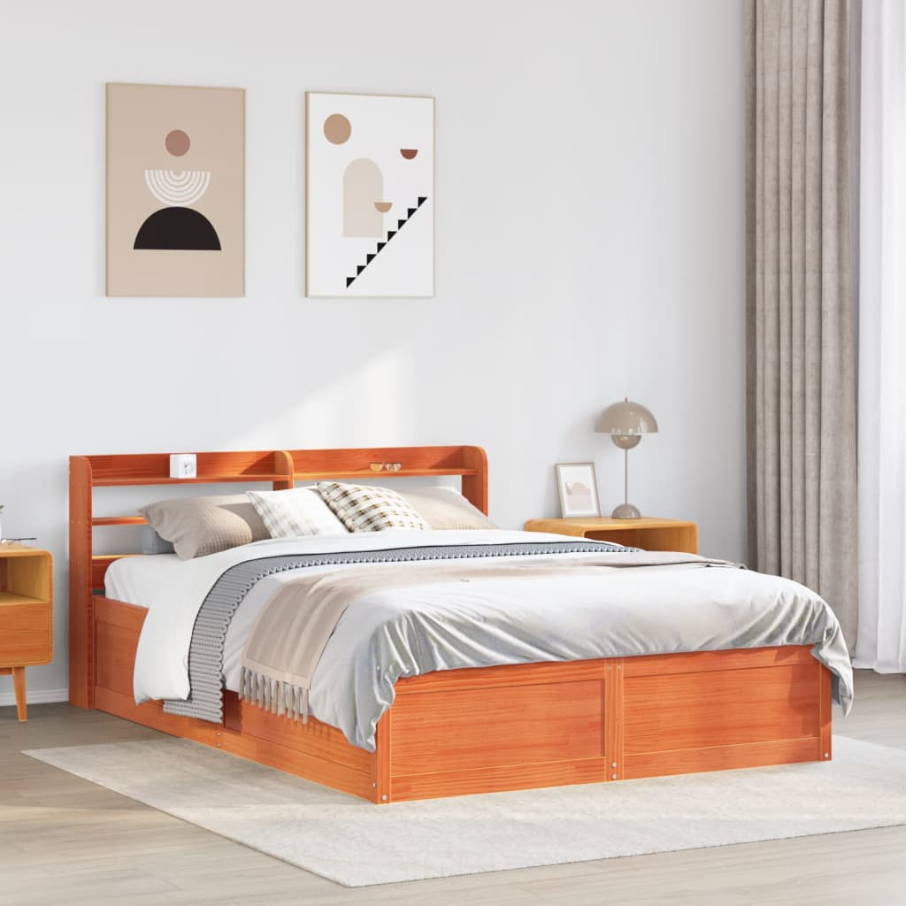 Bed Frame with Headboard Wax Brown 140x200 cm Solid Wood Pine