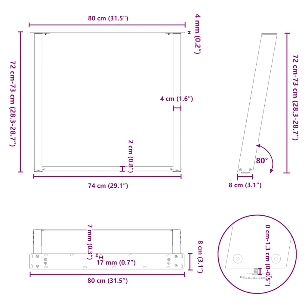 vidXL Dining Table Legs U-Shaped 2 pcs Black 80x72 cm Steel