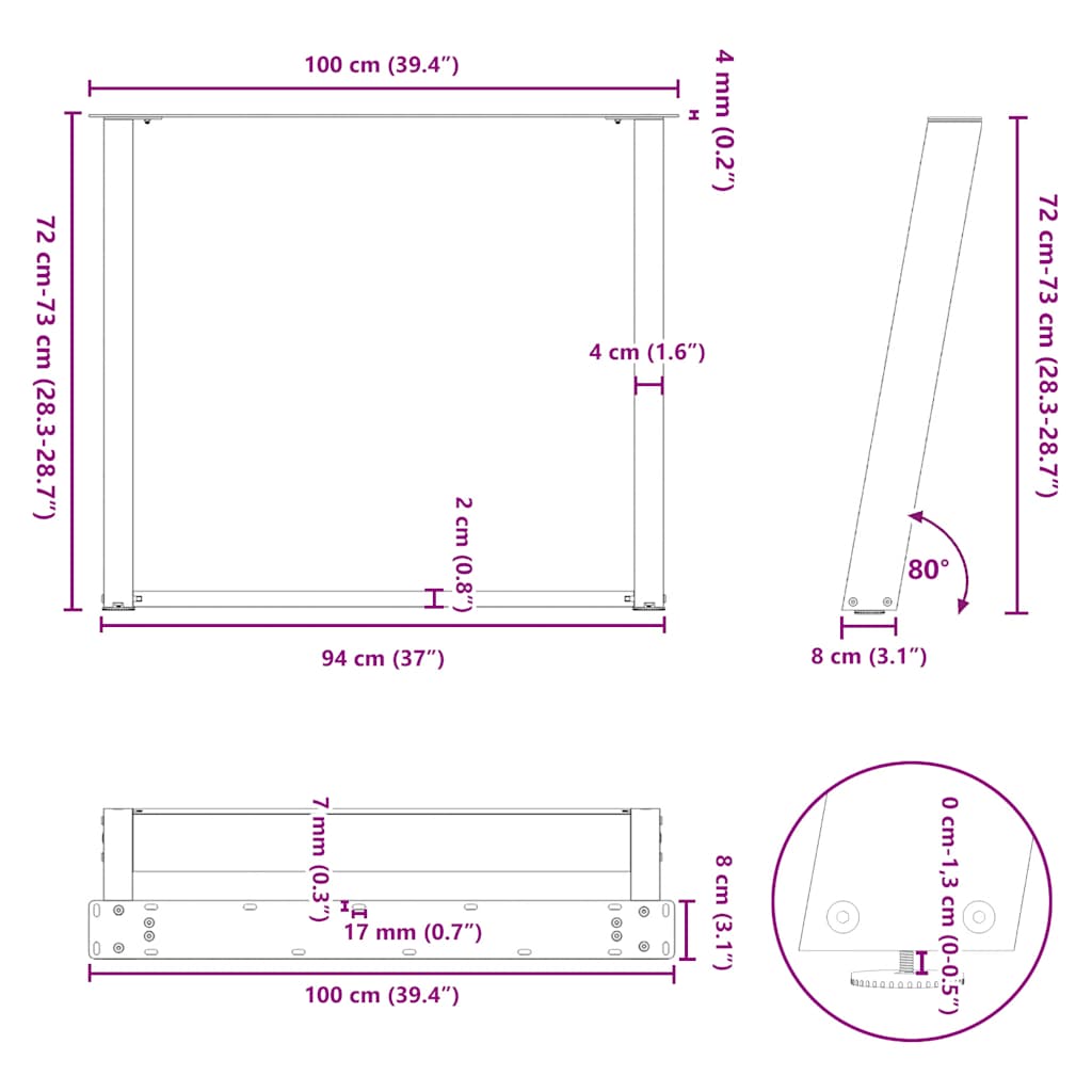 vidXL Dining Table Legs U-Shaped 2 pcs White 100x(72-73) cm Steel