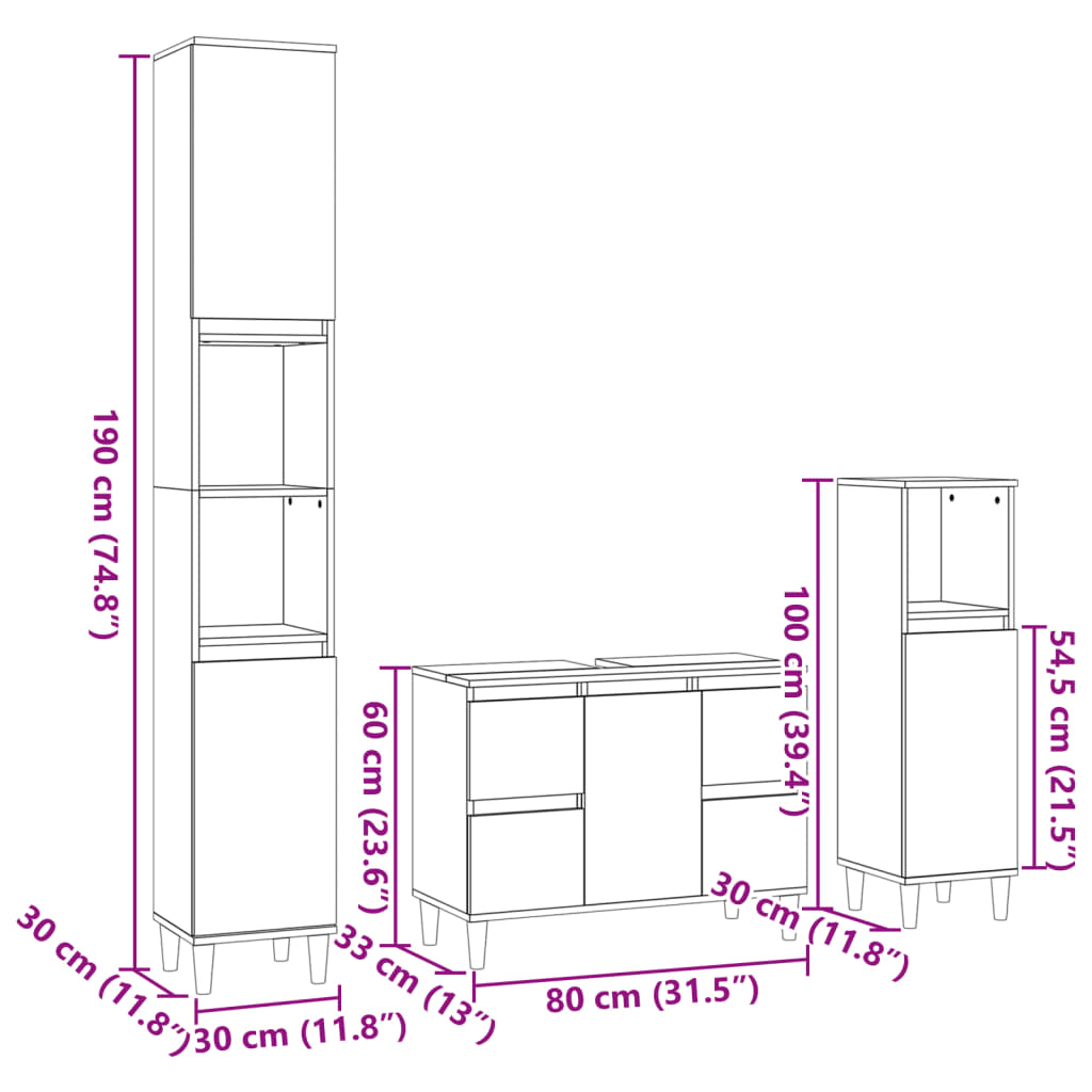 3 Piece Bathroom Furniture Set Sonoma Oak Engineered Wood