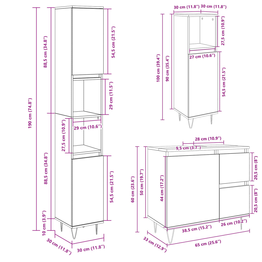 3 Piece Bathroom Furniture Set Sonoma Oak Engineered Wood