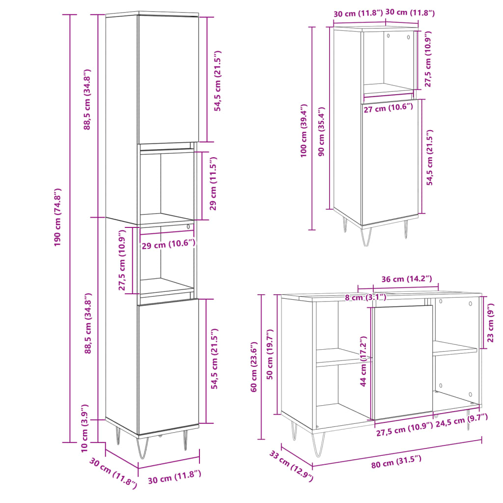 3 Piece Bathroom Furniture Set Sonoma Oak Engineered Wood