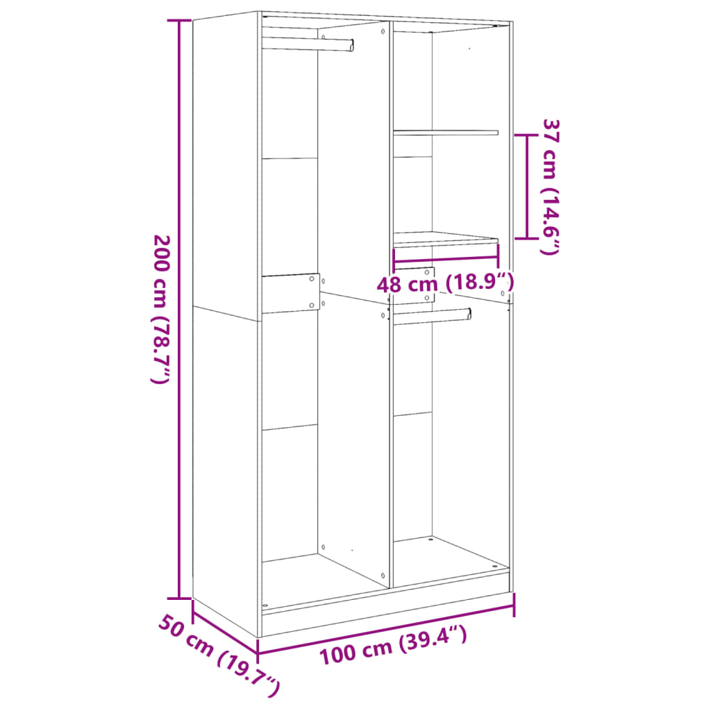 Wardrobe Concrete Grey 100x50x200 cm Engineered Wood