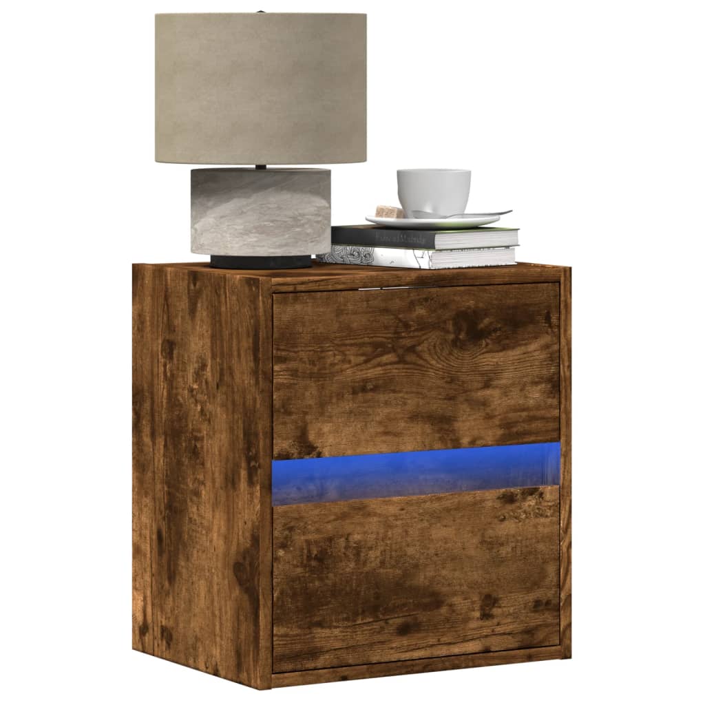 Wall-mounted Bedside Cabinet with LED Lights Smoked Oak