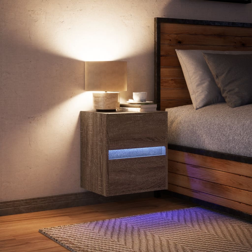 Wall-mounted Bedside Cabinet with LED Lights Brown Oak