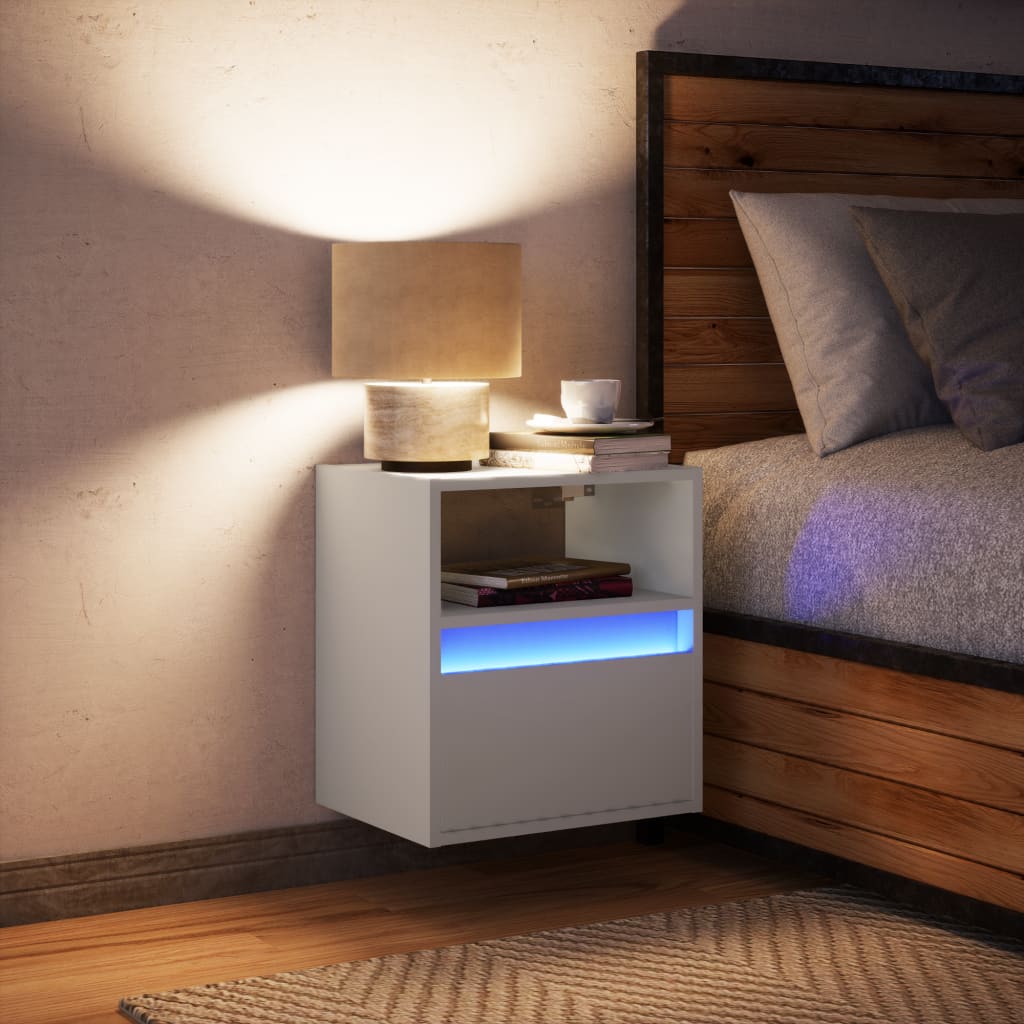 Wall-mounted Bedside Cabinet with LED Lights White