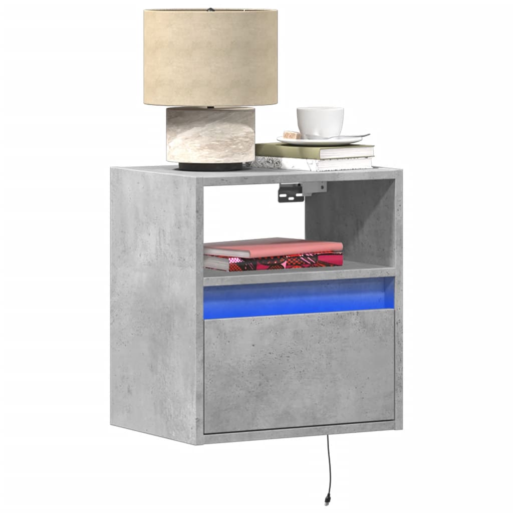 Wall-mounted Bedside Cabinet with LED Lights Concrete Grey