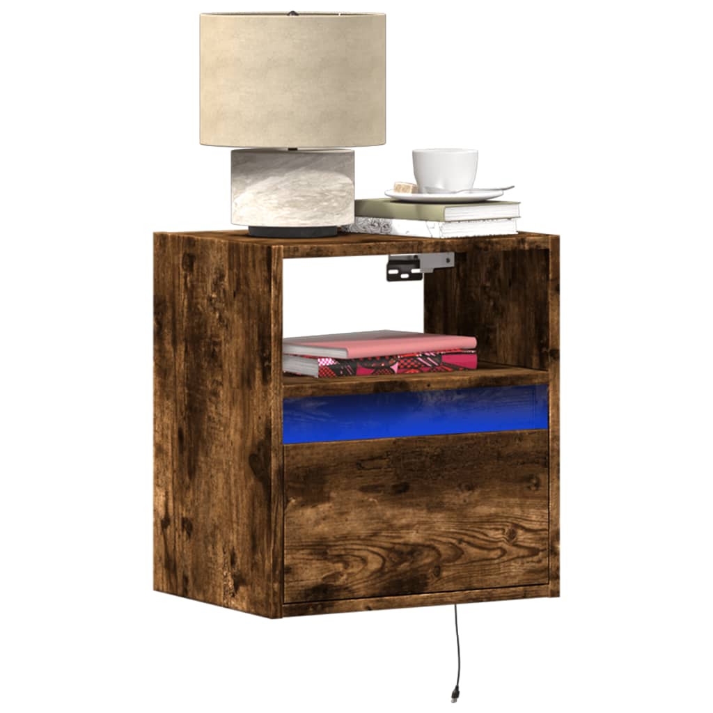 Wall-mounted Bedside Cabinet with LED Lights Smoked Oak