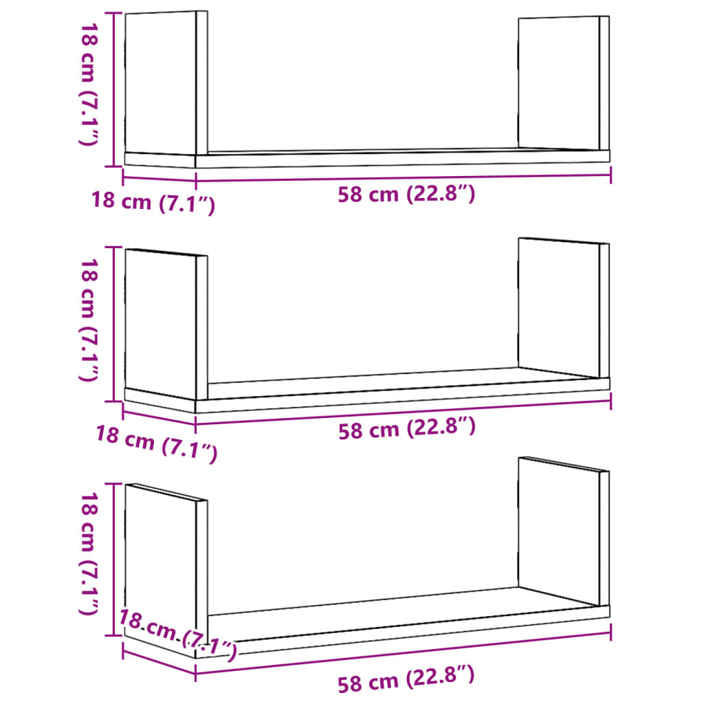 Wall Shelves 3 pcs Concrete Grey 58x18x18 cm Engineered Wood