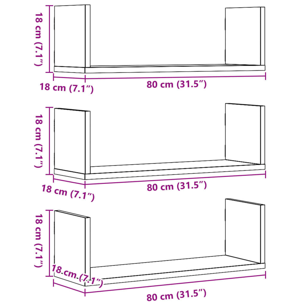 Wall Shelves 3 pcs White 80x18x18 cm Engineered Wood