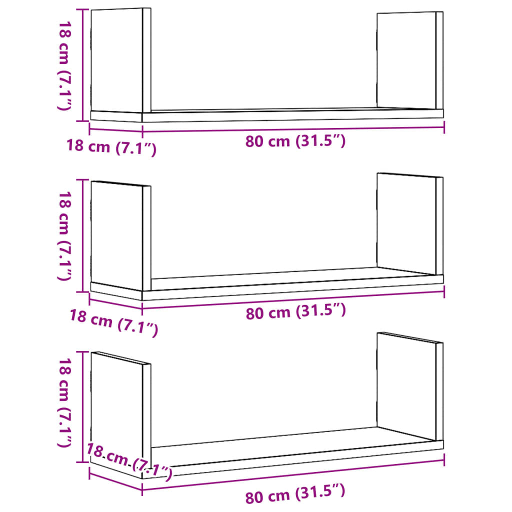 Wall Shelves 3 pcs Black 80x18x18 cm Engineered Wood