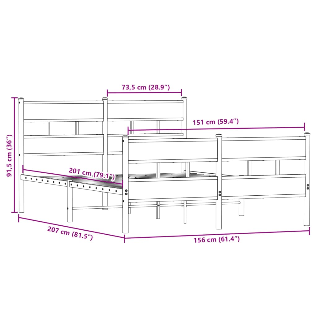 Metal Bed Frame without Mattress Smoked Oak 150x200 cm King Size